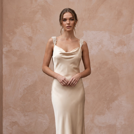 Champagne Silk Satin Midi Slip Dress with Cowl Back