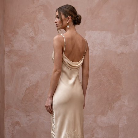 Champagne Silk Satin Midi Slip Dress with Cowl Back