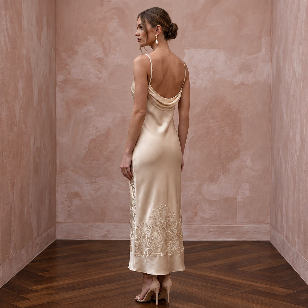 Champagne Silk Satin Midi Slip Dress with Cowl Back