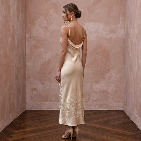 Champagne Silk Satin Midi Slip Dress with Cowl Back