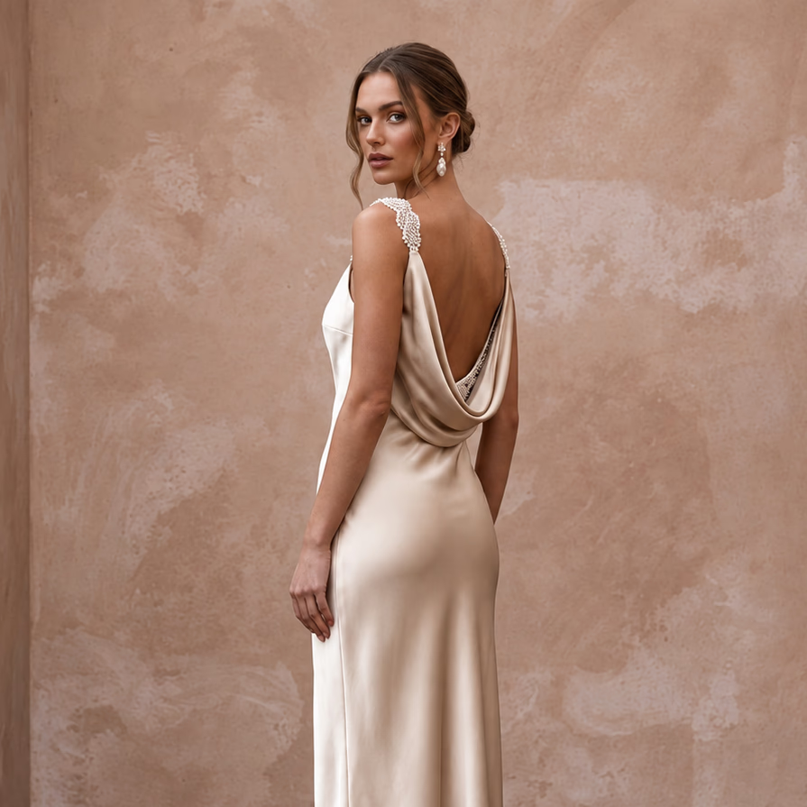 Champagne Silk Satin Midi Slip Dress with Cowl Back