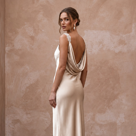Champagne Silk Satin Midi Slip Dress with Cowl Back