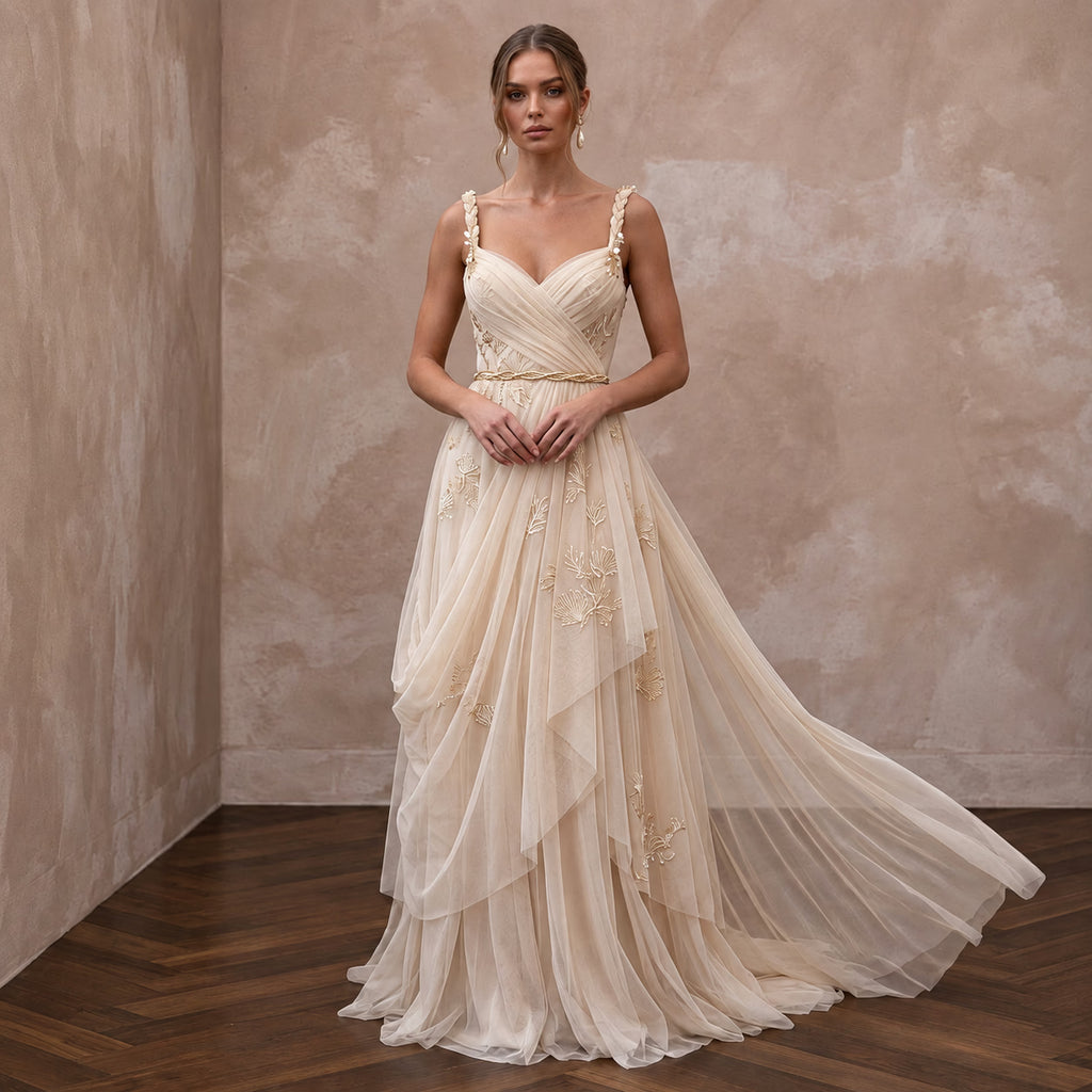 Champagne Soft Netting Draped Goddess Gown for Beach Vows