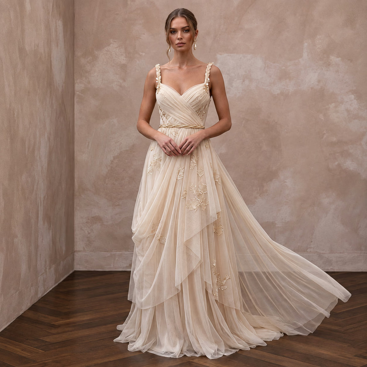 Champagne Soft Netting Draped Goddess Gown for Beach Vows