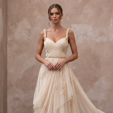 Champagne Soft Netting Draped Goddess Gown for Beach Vows