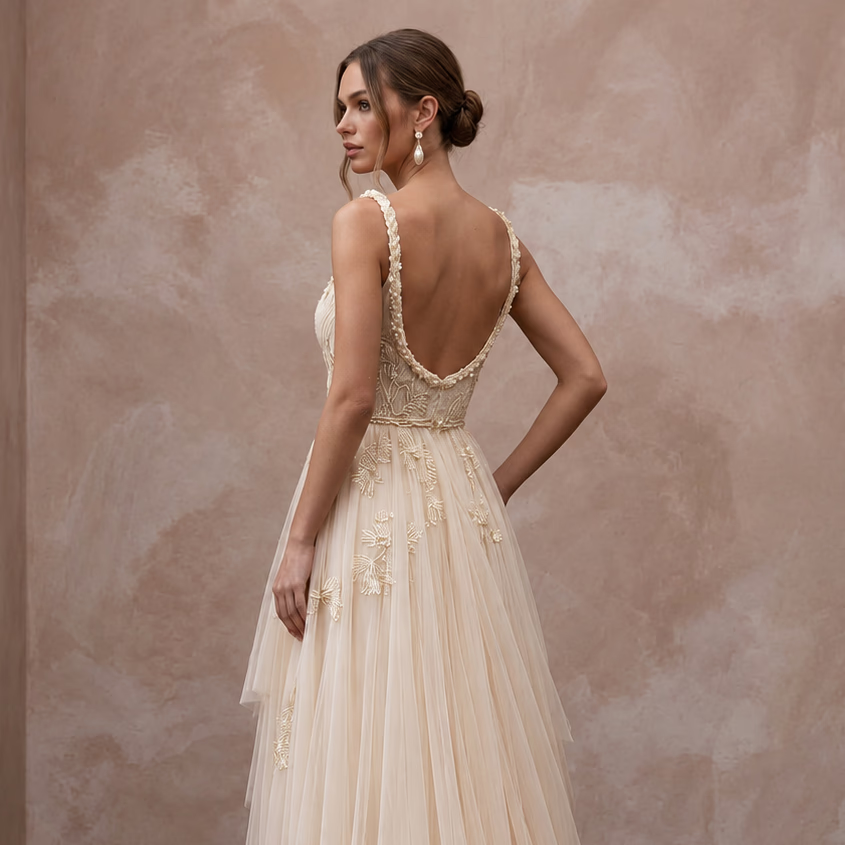 Champagne Soft Netting Draped Goddess Gown for Beach Vows
