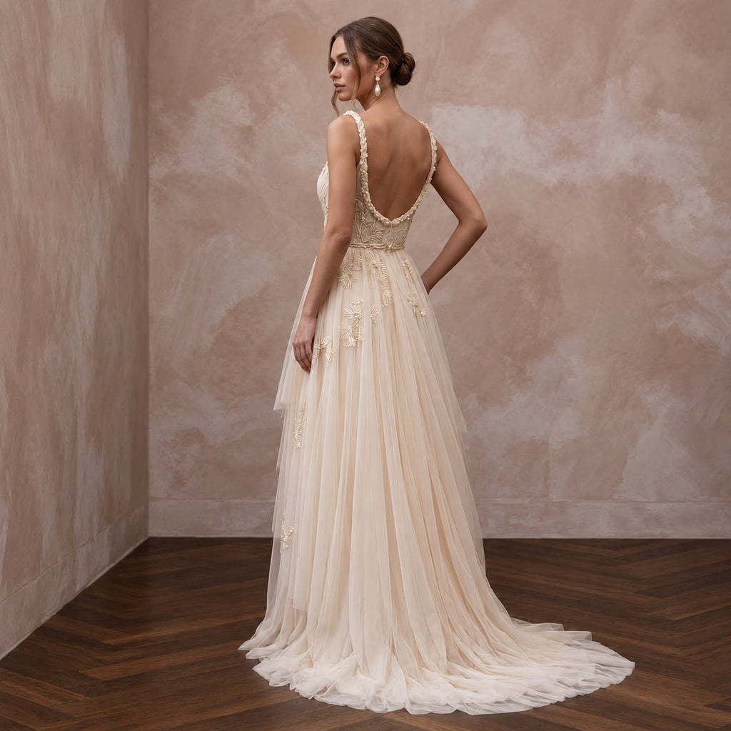 Champagne Soft Netting Draped Goddess Gown for Beach Vows