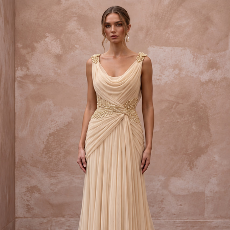 Champagne Soft Netting Draped Grecian Goddess Bridal Dress