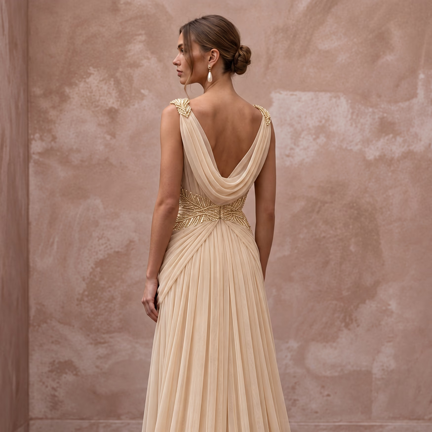 Champagne Soft Netting Draped Grecian Goddess Bridal Dress