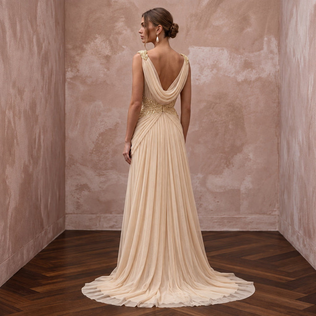 Champagne Soft Netting Draped Grecian Goddess Bridal Dress