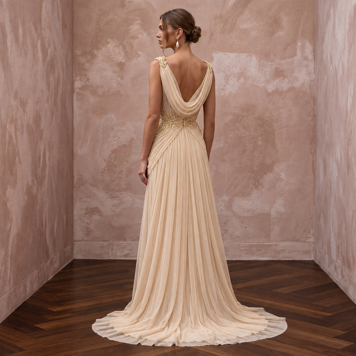 Champagne Soft Netting Draped Grecian Goddess Bridal Dress