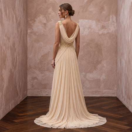 Champagne Soft Netting Draped Grecian Goddess Bridal Dress