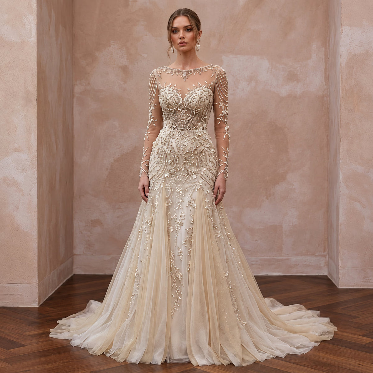 Champagne Tulle Illusion Sleeve Beaded Formal Banquet Dress