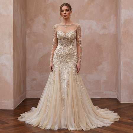 Champagne Tulle Illusion Sleeve Beaded Formal Banquet Dress