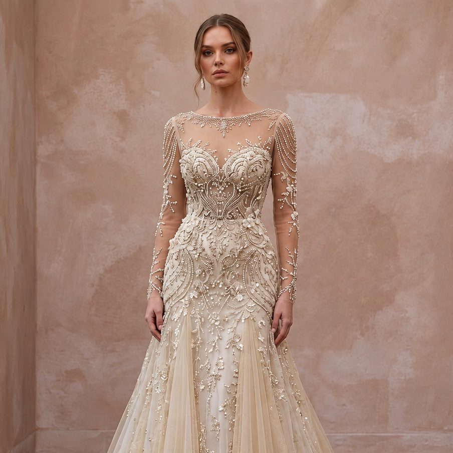 Champagne Tulle Illusion Sleeve Beaded Formal Banquet Dress