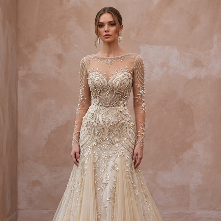 Champagne Tulle Illusion Sleeve Beaded Formal Banquet Dress
