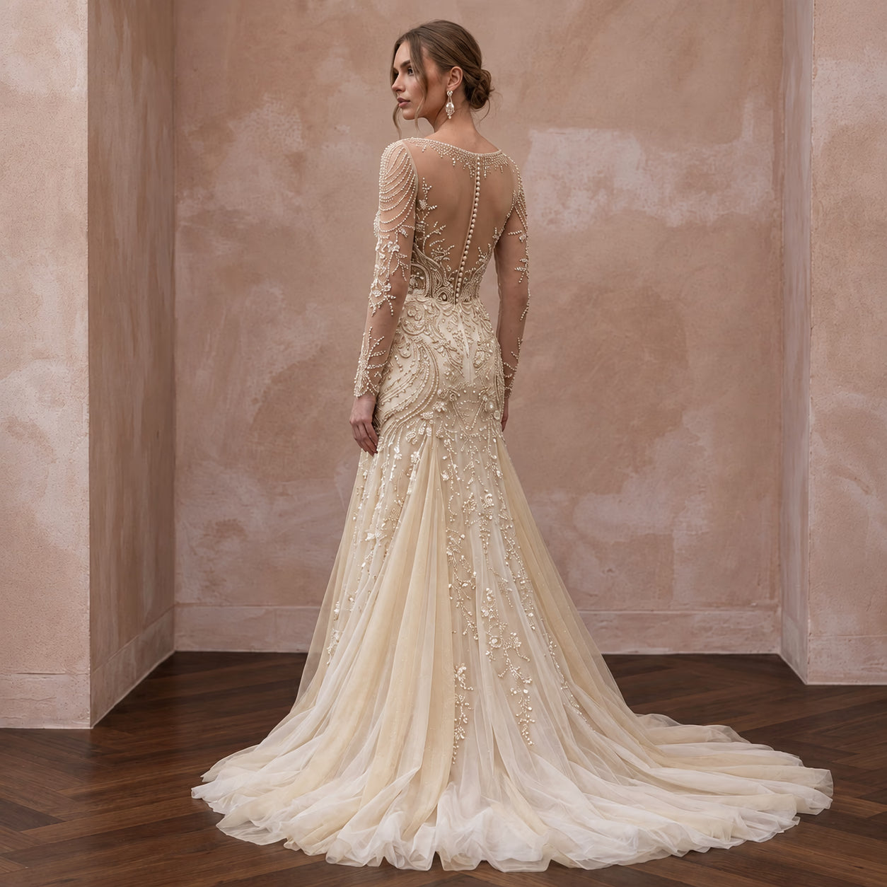 Champagne Tulle Illusion Sleeve Beaded Formal Banquet Dress Secondary image