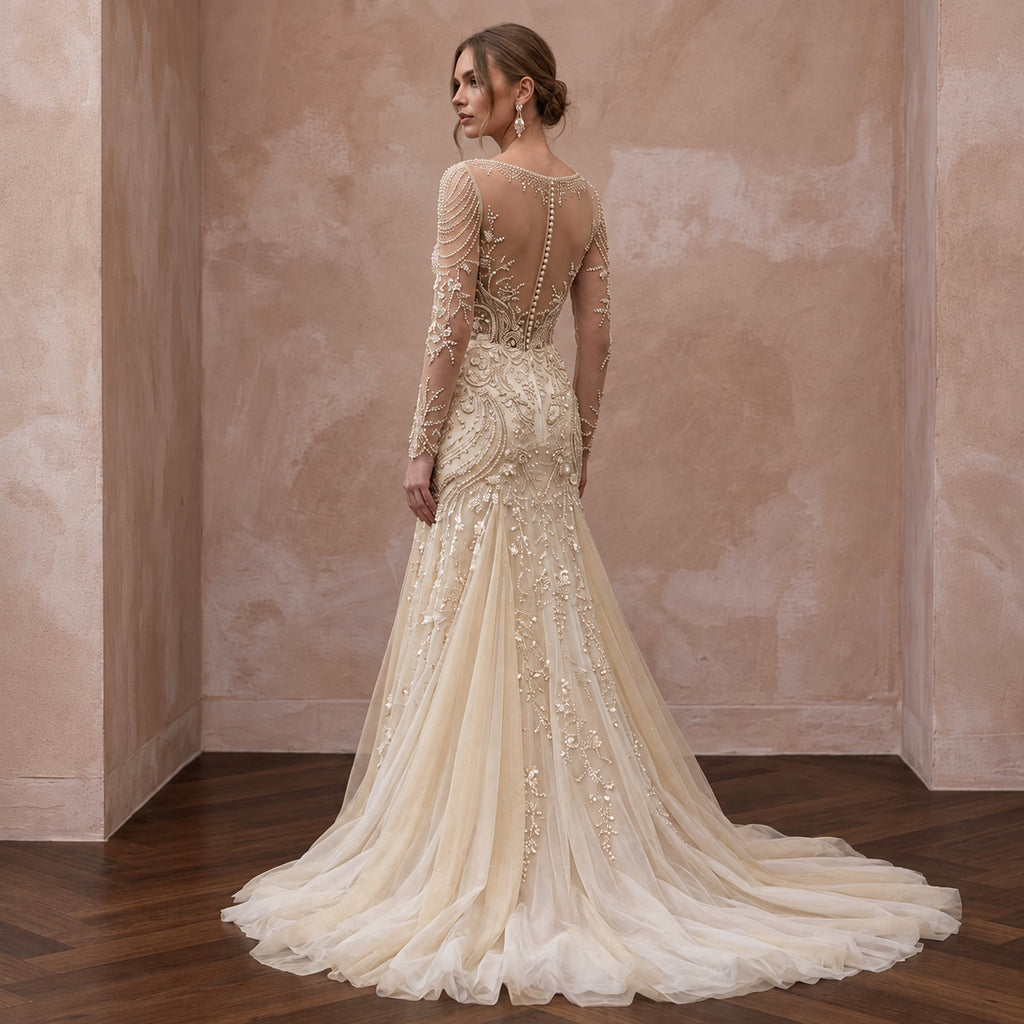Champagne Tulle Illusion Sleeve Beaded Formal Banquet Dress