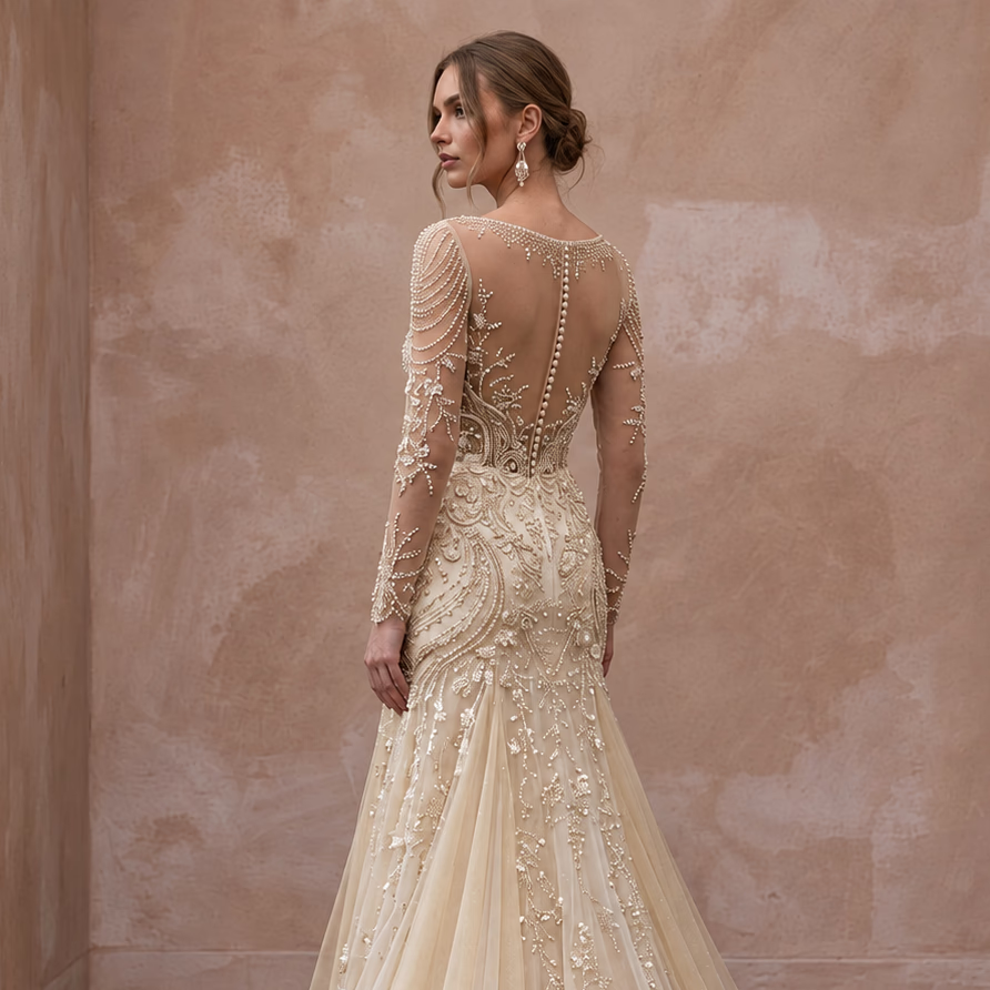 Champagne Tulle Illusion Sleeve Beaded Formal Banquet Dress