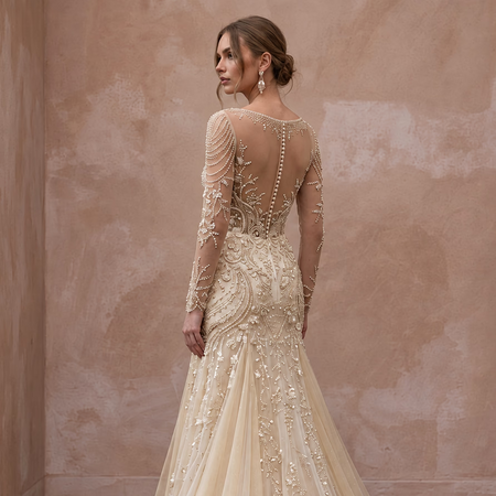 Champagne Tulle Illusion Sleeve Beaded Formal Banquet Dress