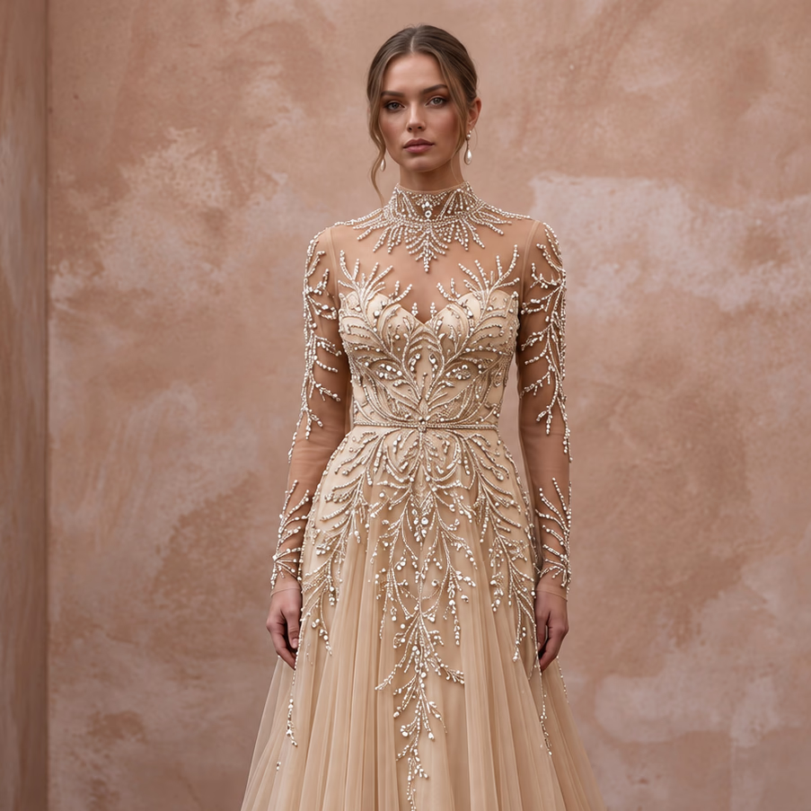 Champagne Tulle Illusion Sleeve Beaded Formal Dress