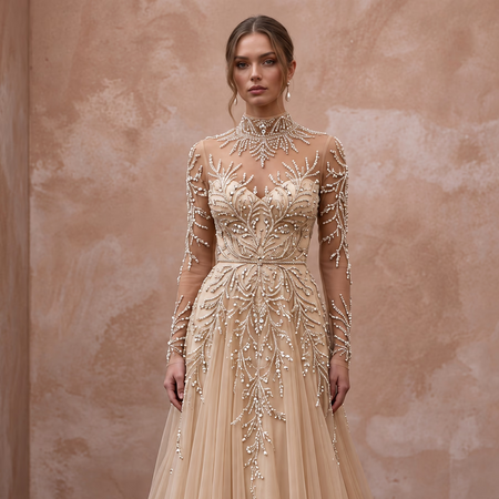 Champagne Tulle Illusion Sleeve Beaded Formal Dress