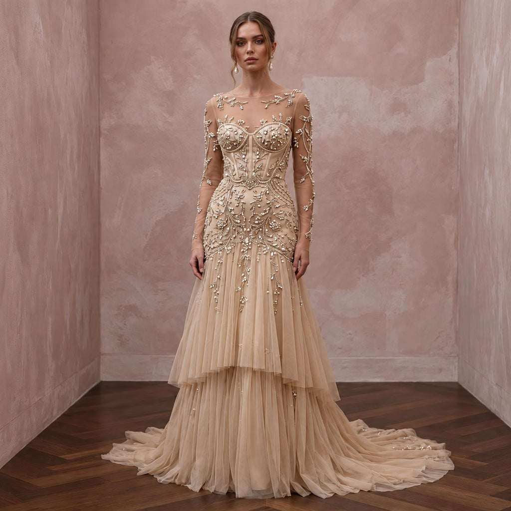Champagne Tulle Illusion Sleeve Beaded Formal Dress - Apparel & Accessories > Clothing > Wedding & Bridal Party Dresses > Wedding Dresses - Mignonette Bridal
