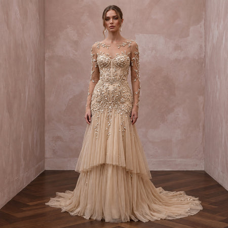 Champagne Tulle Illusion Sleeve Beaded Formal Dress - Apparel & Accessories > Clothing > Wedding & Bridal Party Dresses > Wedding Dresses - Mignonette Bridal