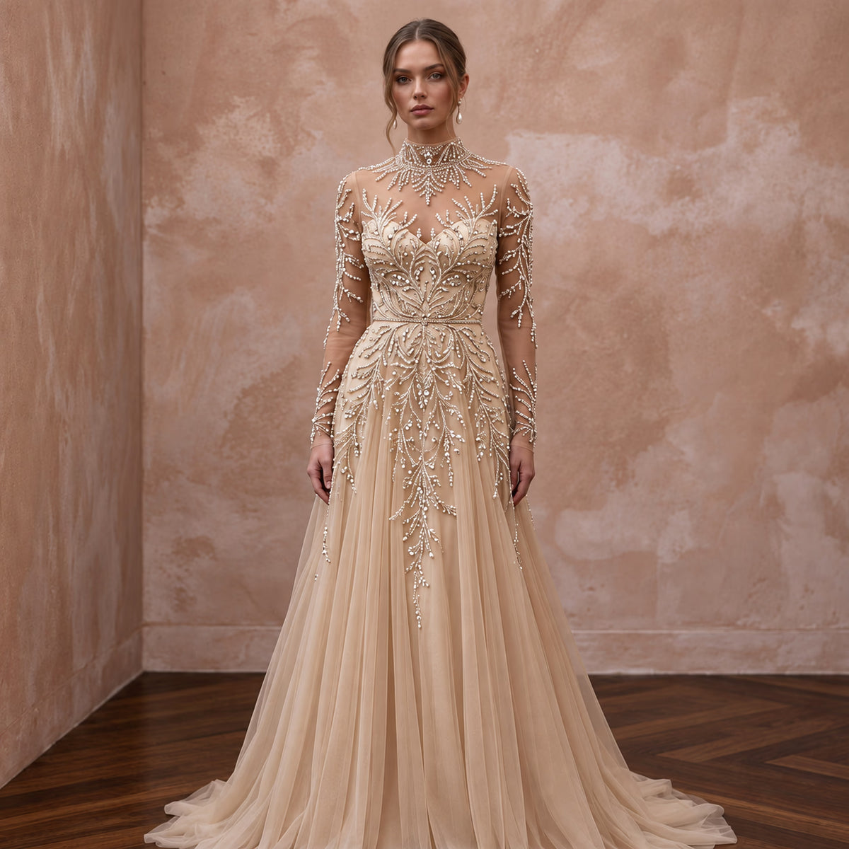 Champagne Tulle Illusion Sleeve Beaded Formal Dress