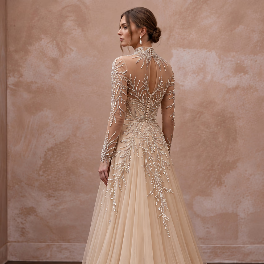 Champagne Tulle Illusion Sleeve Beaded Formal Dress
