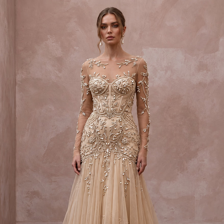 Champagne Tulle Illusion Sleeve Beaded Formal Dress - Apparel & Accessories > Clothing > Wedding & Bridal Party Dresses > Wedding Dresses - Mignonette Bridal