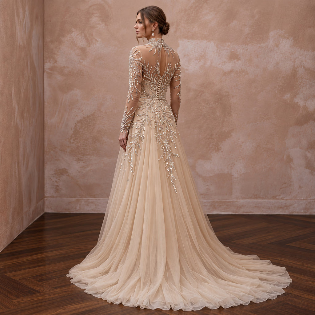 Champagne Tulle Illusion Sleeve Beaded Formal Dress