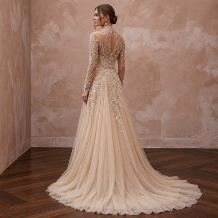 Champagne Tulle Illusion Sleeve Beaded Formal Dress
