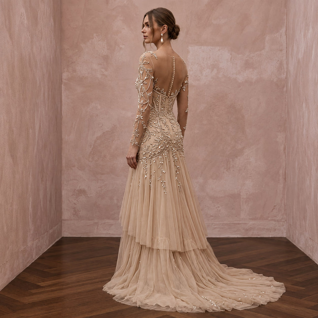 Champagne Tulle Illusion Sleeve Beaded Formal Dress - Apparel & Accessories > Clothing > Wedding & Bridal Party Dresses > Wedding Dresses - Mignonette Bridal