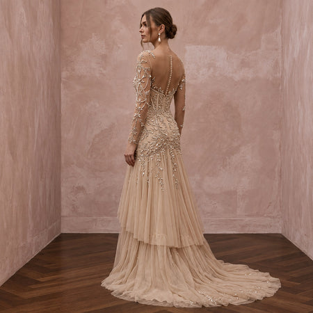 Champagne Tulle Illusion Sleeve Beaded Formal Dress - Apparel & Accessories > Clothing > Wedding & Bridal Party Dresses > Wedding Dresses - Mignonette Bridal