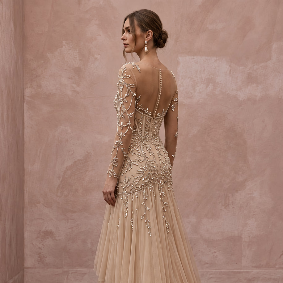 Champagne Tulle Illusion Sleeve Beaded Formal Dress - Apparel & Accessories > Clothing > Wedding & Bridal Party Dresses > Wedding Dresses - Mignonette Bridal