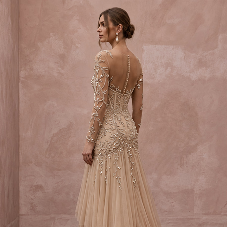 Champagne Tulle Illusion Sleeve Beaded Formal Dress - Apparel & Accessories > Clothing > Wedding & Bridal Party Dresses > Wedding Dresses - Mignonette Bridal