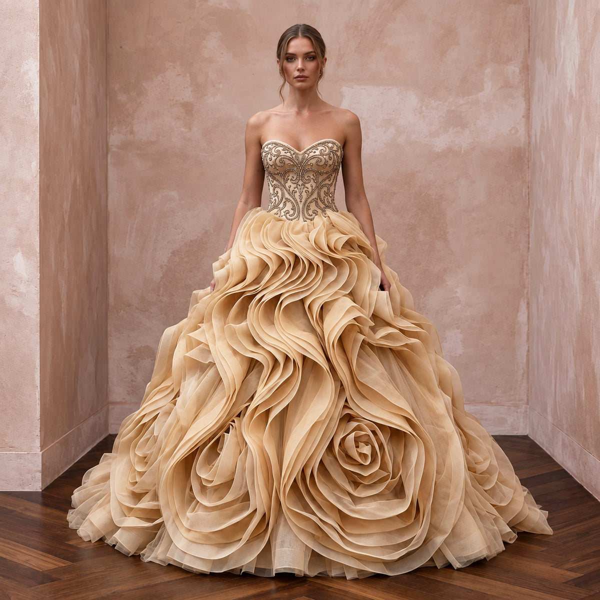 Champagne Tulle Ruffled Skirt Strapless Ball Gown for Castle Wedding