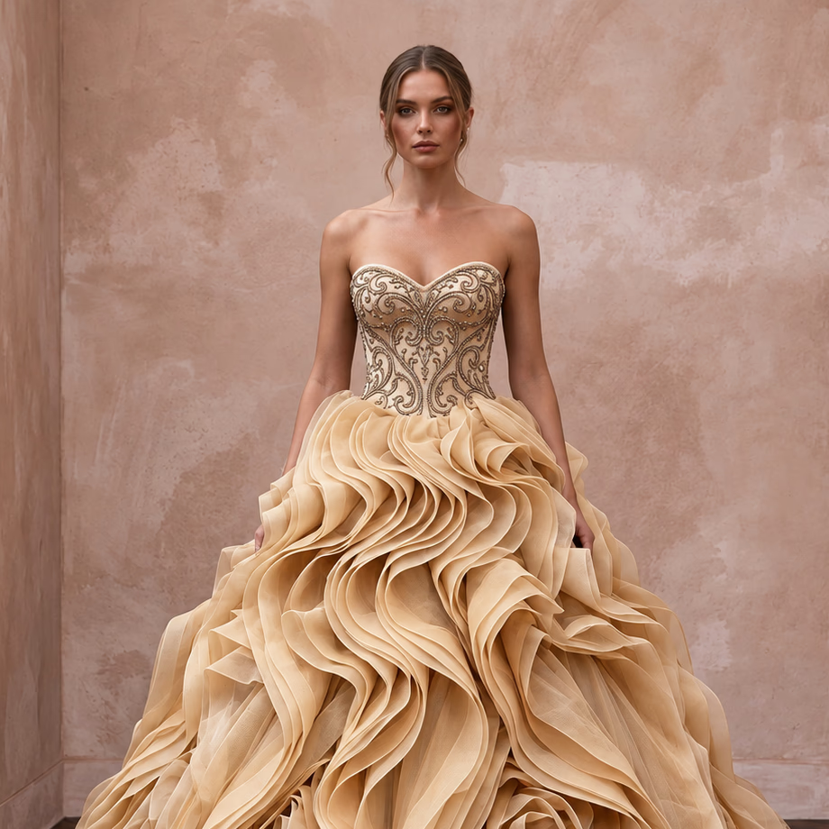 Champagne Tulle Ruffled Skirt Strapless Ball Gown for Castle Wedding