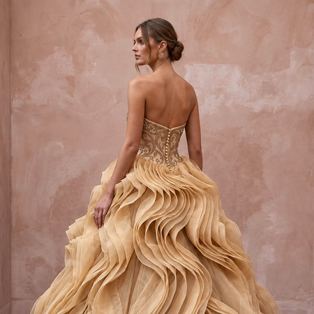 Champagne Tulle Ruffled Skirt Strapless Ball Gown for Castle Wedding