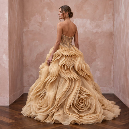 Champagne Tulle Ruffled Skirt Strapless Ball Gown for Castle Wedding