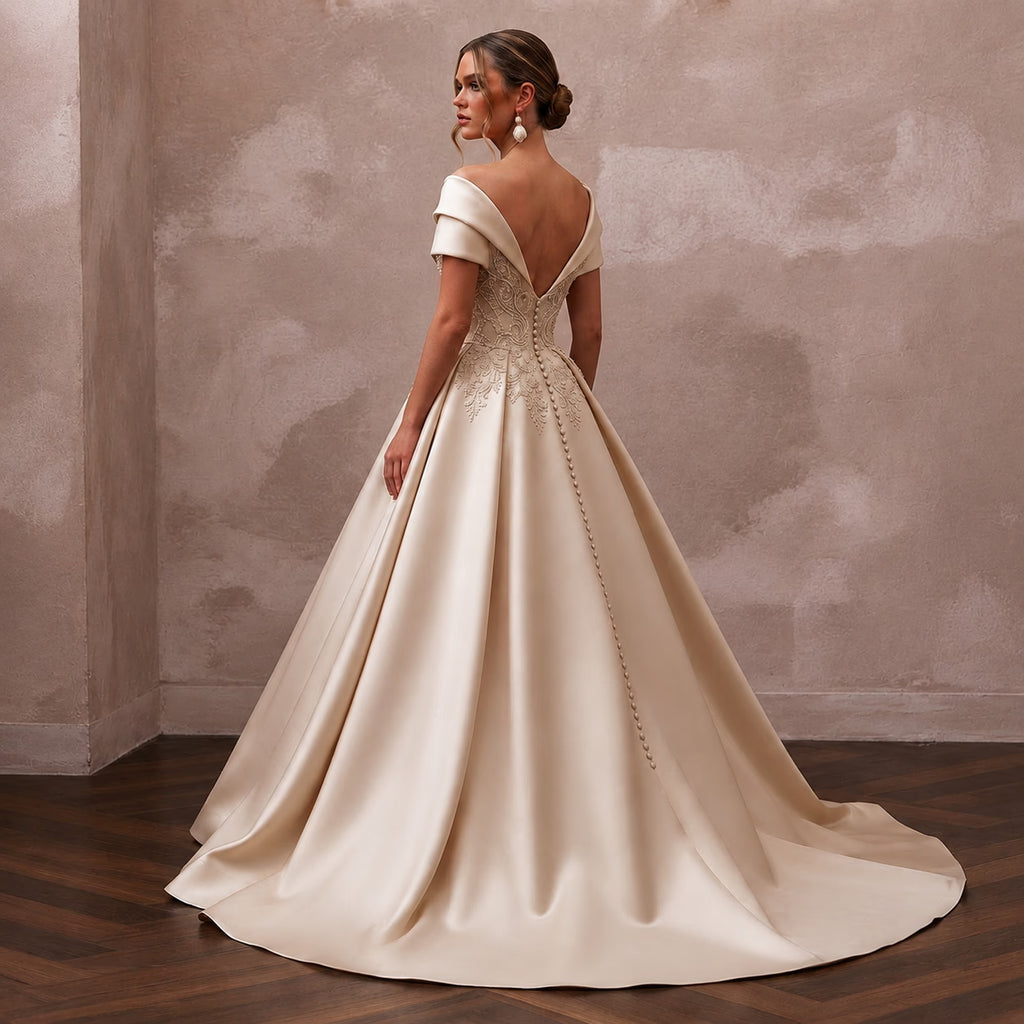 Champagne Wedding Dresses with Luxurious Satin Finish - Apparel & Accessories > Clothing > Wedding & Bridal Party Dresses > Wedding Dresses - Mignonette Bridal