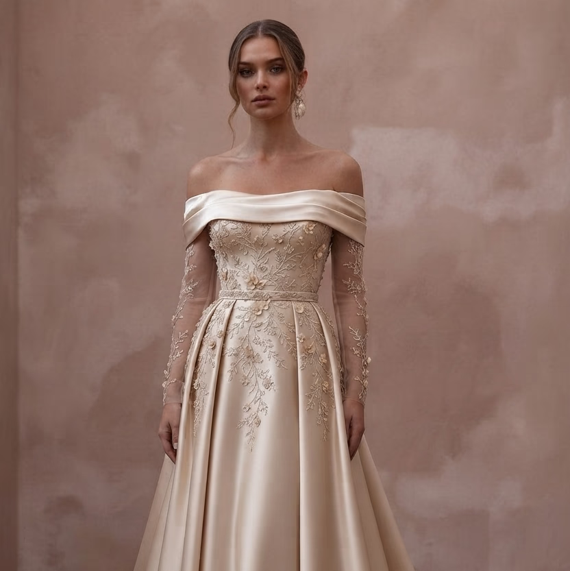 Champagne Wedding Dresses with Luxurious Silk Finish - Apparel & Accessories > Clothing > Wedding & Bridal Party Dresses > Wedding Dresses - Mignonette