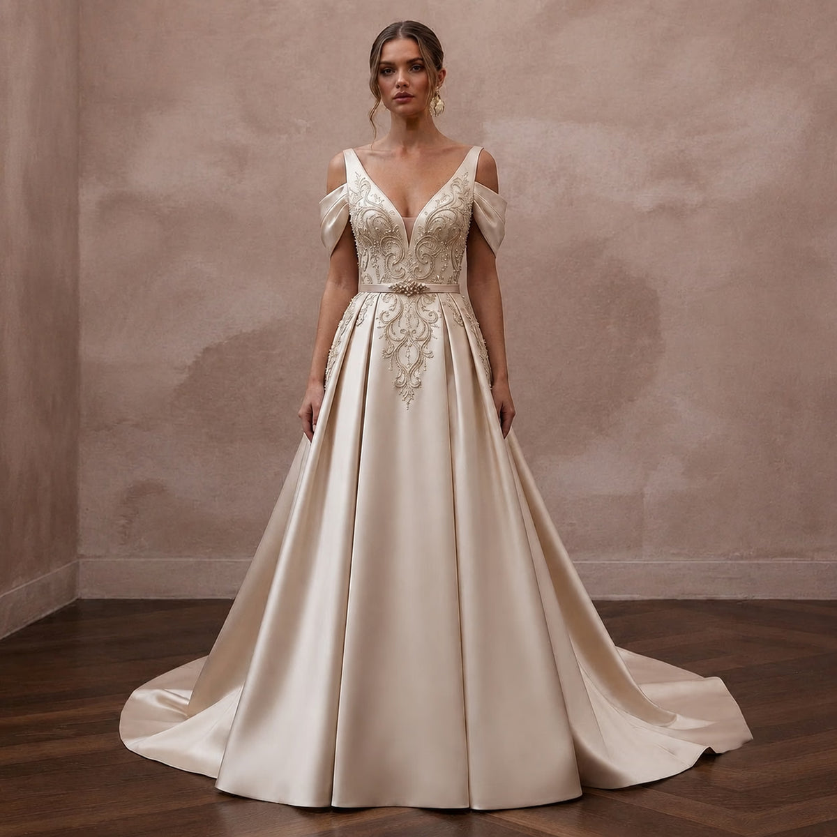 Champagne Wedding Dresses with Luxurious Silk Satin - Apparel & Accessories > Clothing > Wedding & Bridal Party Dresses > Wedding Dresses - Mignonette Main image