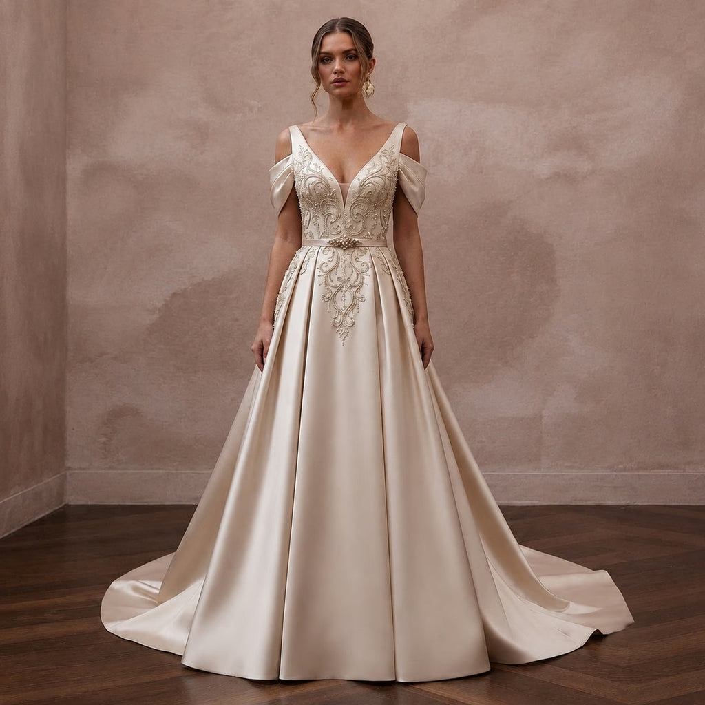 Champagne Wedding Dresses with Luxurious Silk Satin - Apparel & Accessories > Clothing > Wedding & Bridal Party Dresses > Wedding Dresses - Mignonette