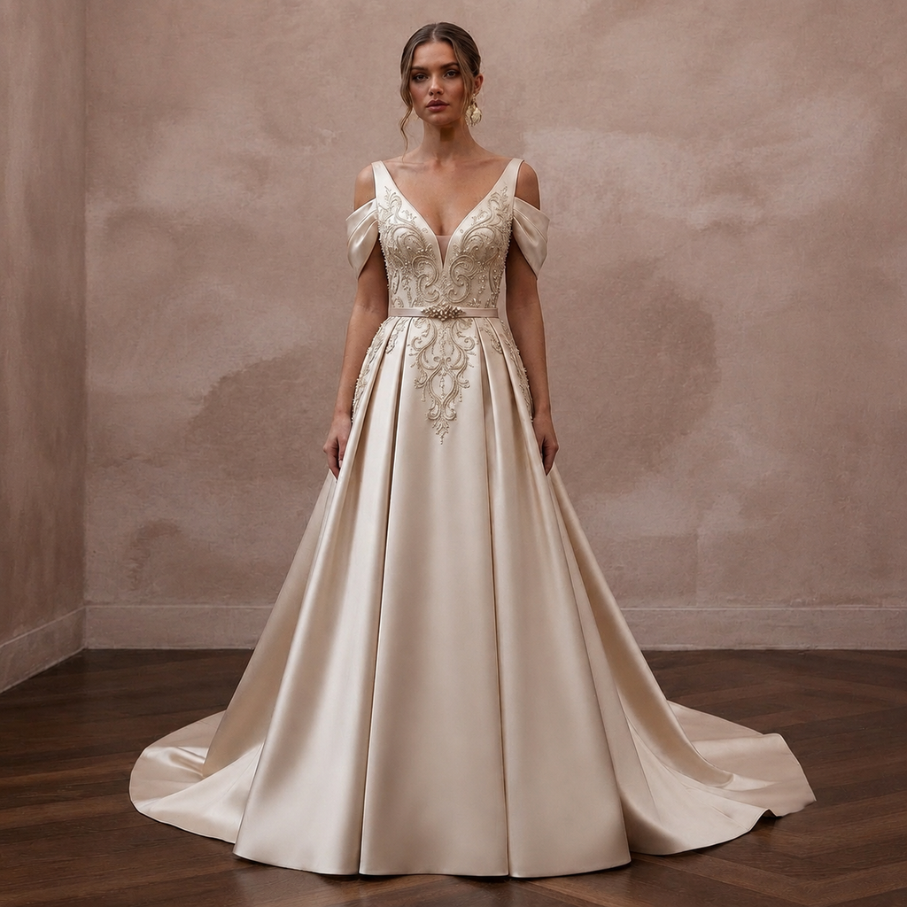 Champagne Wedding Dresses with Luxurious Silk Satin