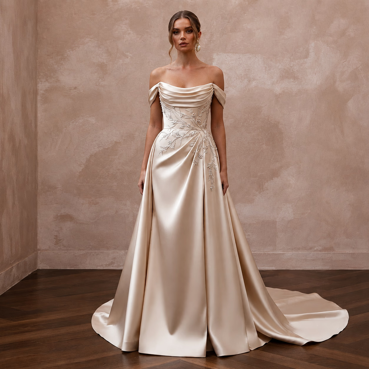 Champagne Wedding Dresses with Silk Satin Elegance - Apparel & Accessories > Clothing > Wedding & Bridal Party Dresses > Wedding Dresses - Mignonette Bridal Main image