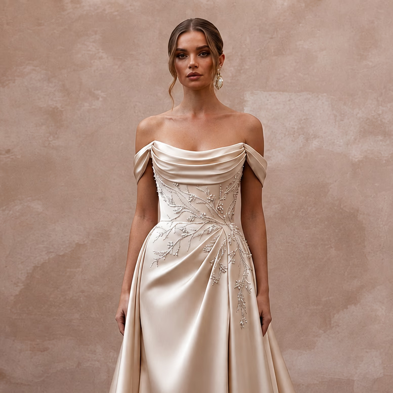 Champagne Wedding Dresses with Silk Satin Elegance - Apparel & Accessories > Clothing > Wedding & Bridal Party Dresses > Wedding Dresses - Mignonette Bridal