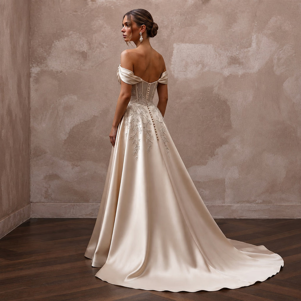 Champagne Wedding Dresses with Silk Satin Elegance - Apparel & Accessories > Clothing > Wedding & Bridal Party Dresses > Wedding Dresses - Mignonette Bridal