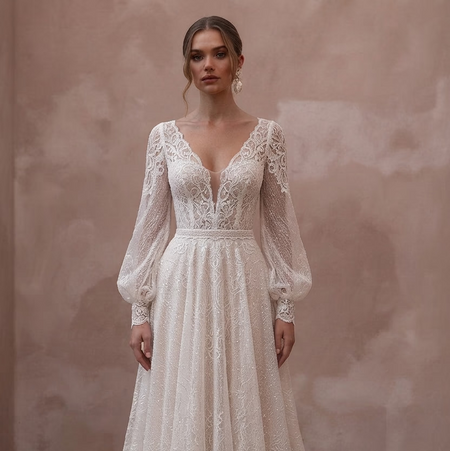 Chantilly Lace Wedding Dresses with Romantic Sleeves - Apparel & Accessories > Clothing > Wedding & Bridal Party Dresses > Wedding Dresses - Mignonette